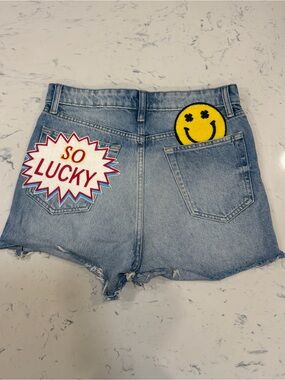 Lucky Brand patches patchwork blue denim shorts frayed smiley face high rise 6/8
